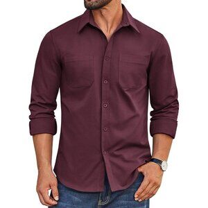 Coofandy Men Burgundy Button Down Untucked Long Sleeve Woven Shirt with Pockets